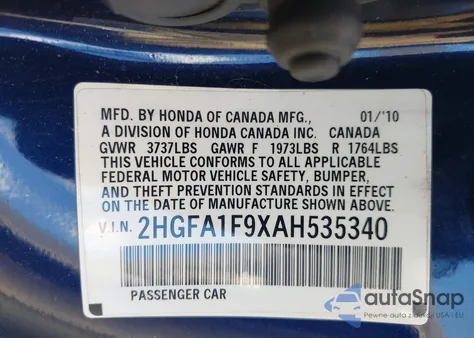 2010 Honda Civic Ex-L from USA, damaged, VIN 2HGFA1F9XAH535340